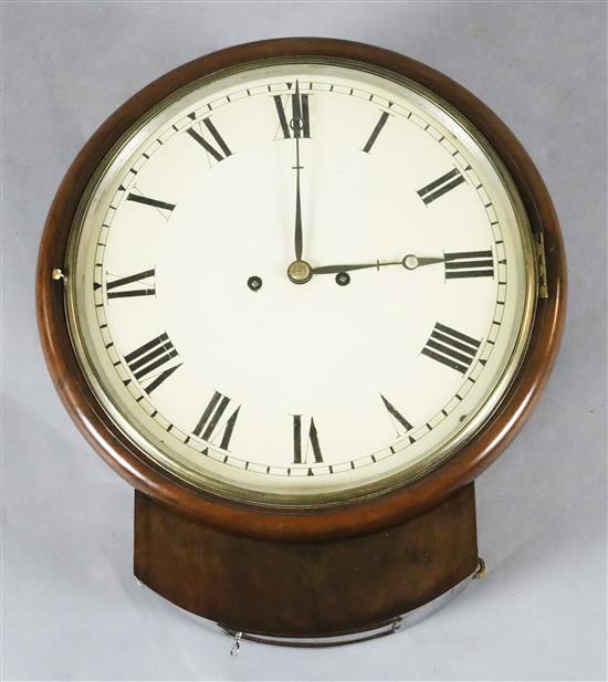 A mid 19th century mahogany drop dial wall clock, width 14in. height 16.5in.